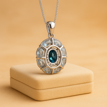 Backside of the aquamarine and London blue topaz necklace 