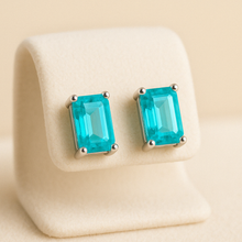 Paraíba tourmaline stud earrings in sterling silver, rectangular cut