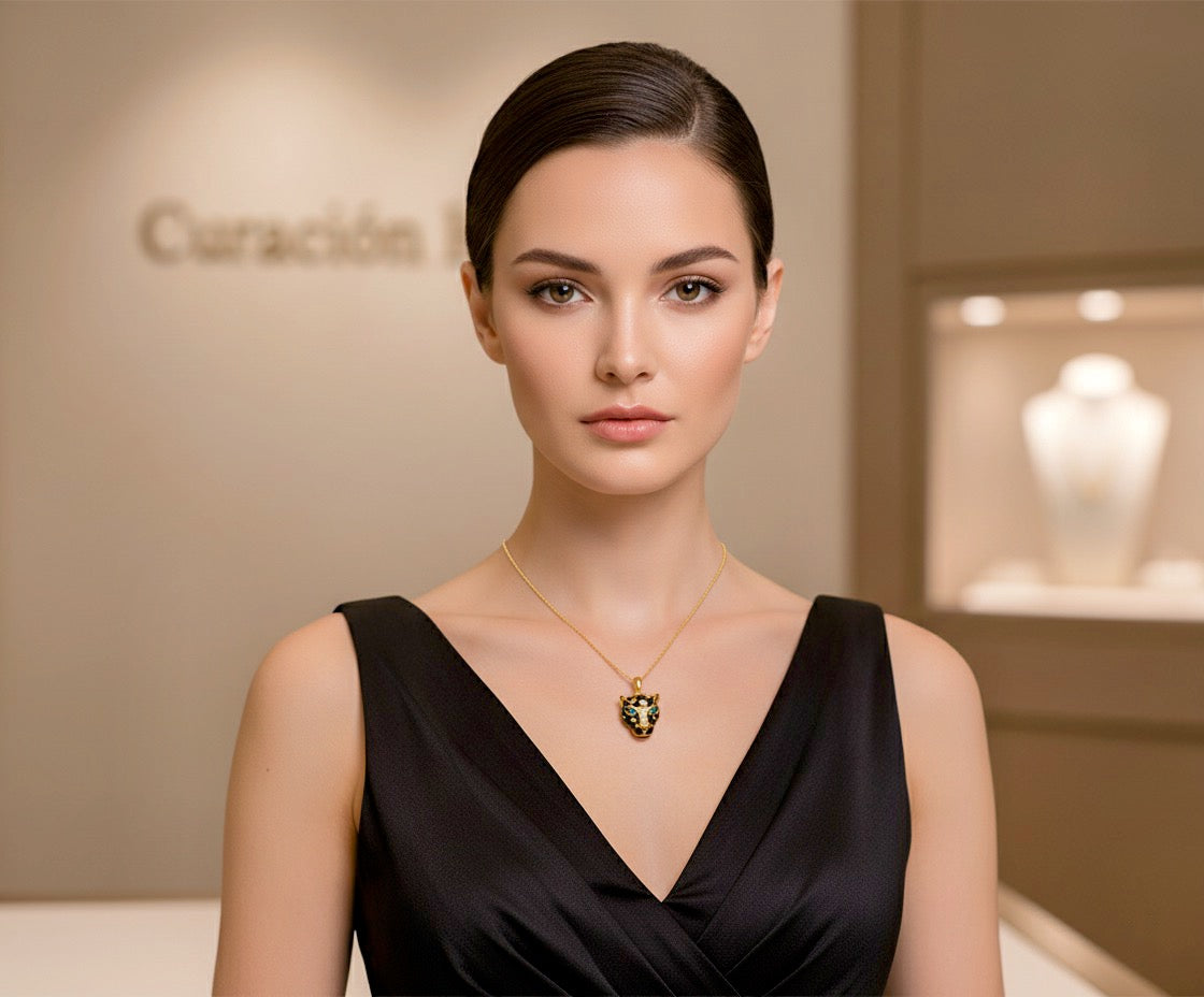 Woman wearing a gold necklace with a pendant in a jewelry store setting