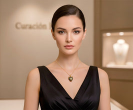 Woman wearing a gold necklace with a pendant in a jewelry store setting