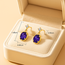 “Amethyst and white quartz drop earrings in cream jewelry box with size dimensions”