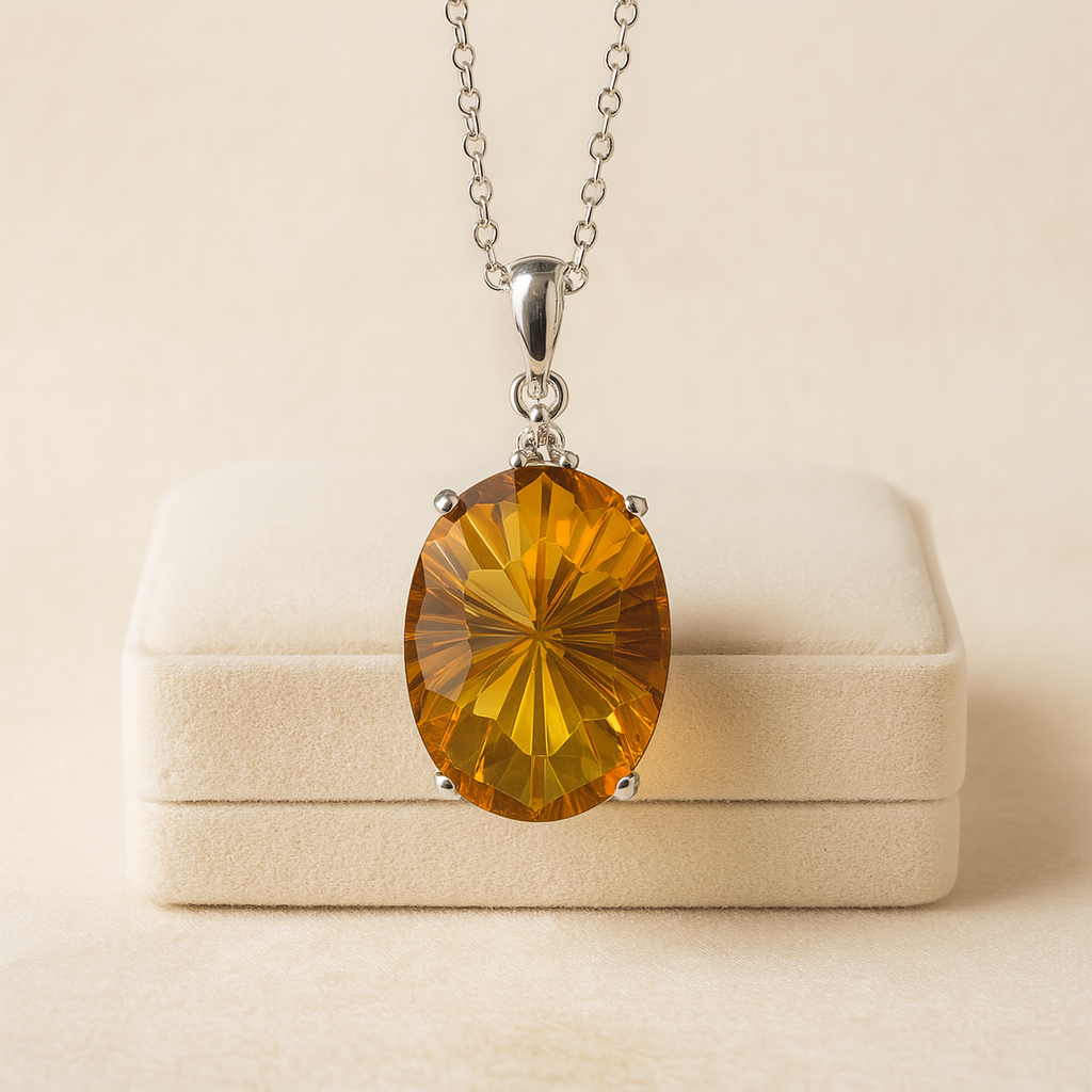 alt="Front view of natural Brazilian citrine statement necklace in sterling silver"