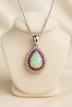 Elegant white Opal & Ruby Halo Necklace in Sterling Silver | Curación Holística | Handmade Spiritual Statement Jewelry - Curacíon Holística