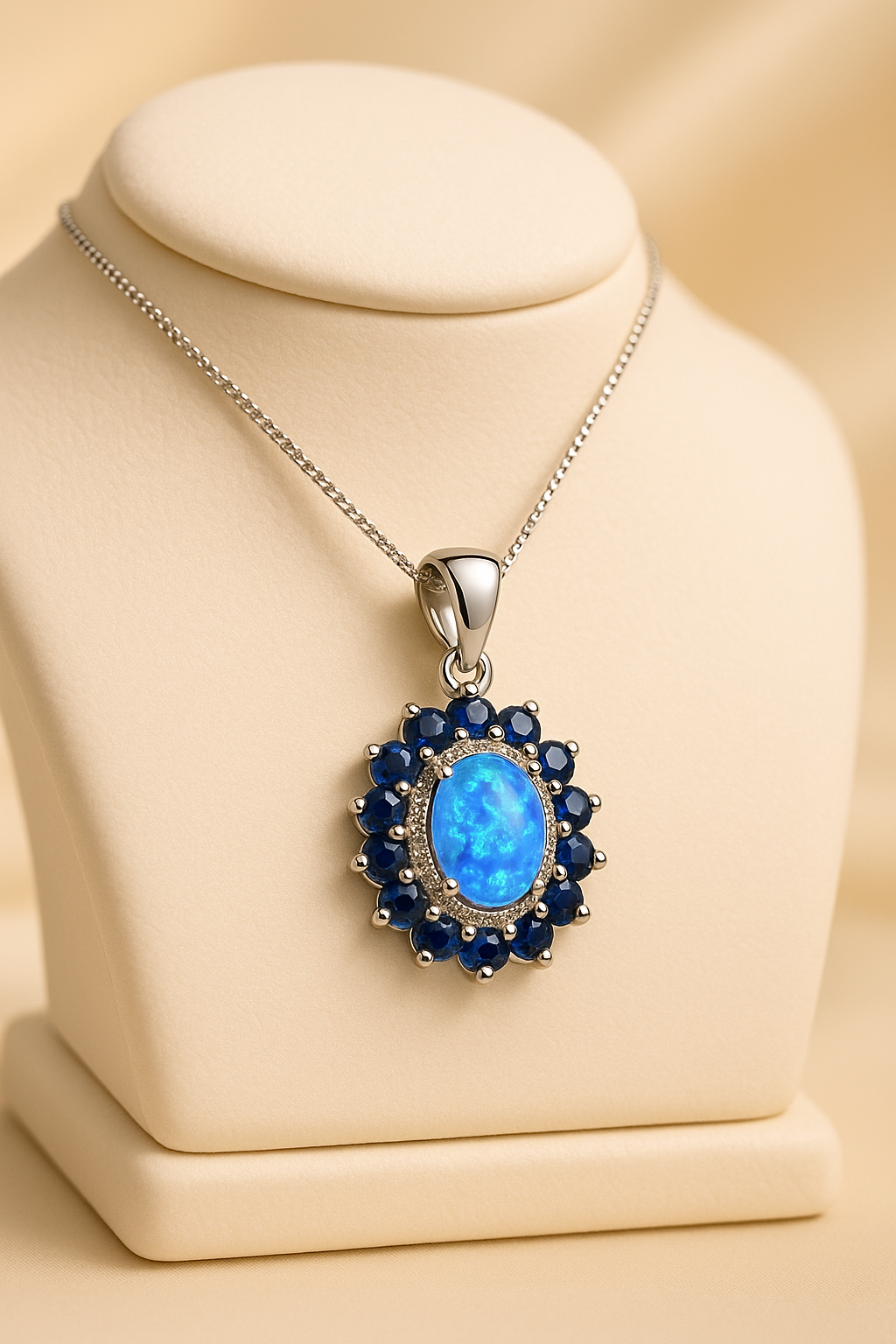 “Close-up of Curación Holística’s exclusive opal and sapphire pendant, designed for soulful luxury.”