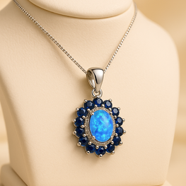“Close-up of Curación Holística’s exclusive opal and sapphire pendant, designed for soulful luxury.”