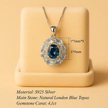Oval London blue topaz surrounded by small aquamarines and white quartz with measurements 
