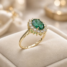 Timeless Halo Emerald Ring – Handmade Gold-Plated Sterling Silver with Nano Emerald & White Quartz | Boho Luxe Statement Jewelry by Curación Holística