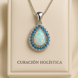 “Close-up of Curación Holística’s exclusive white opal pendant surrounded by aquamarine stones.”