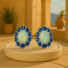 “Curación Holística handmade opal and sapphire stud earrings for spiritual elegance.”
