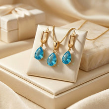 Handmade Swiss Blue Topaz Teardrop Earrings & Necklace Set | 18K Gold Plated Sterling Silver | Curación Holística Healing Jewelry