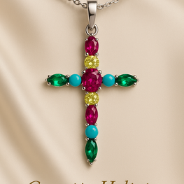 	“Sterling silver cross pendant with vibrant pink, green, yellow, and turquoise stones”