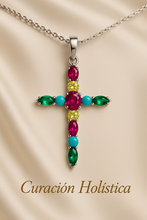 	“Sterling silver cross pendant with vibrant pink, green, yellow, and turquoise stones”