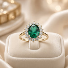 Timeless Halo Emerald Ring – Handmade Gold-Plated Sterling Silver with Nano Emerald & White Quartz | Boho Luxe Statement Jewelry by Curación Holística