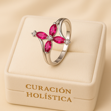 Spiritual healing gemstone ring with glass-filled ruby and white quartz