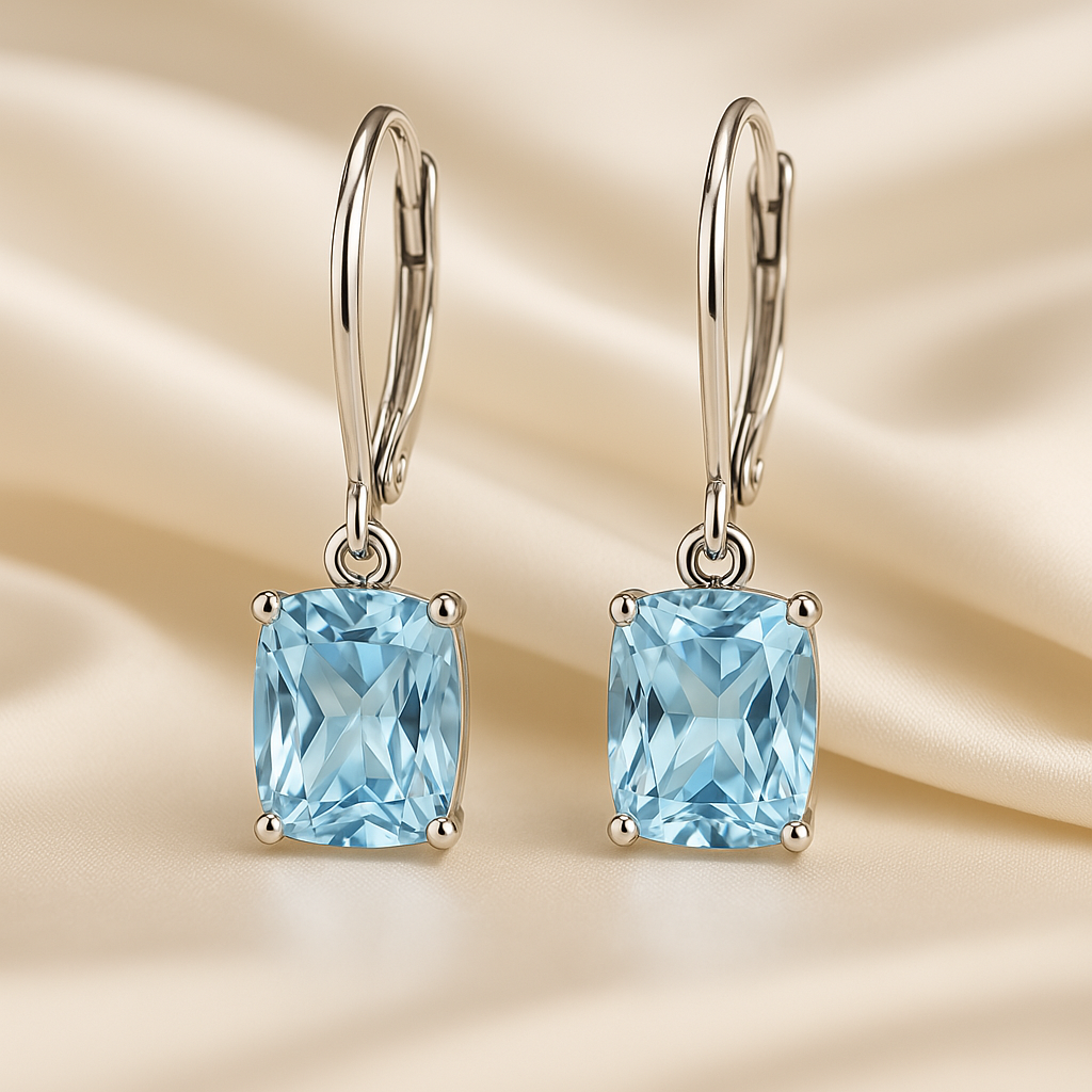 Front view of sterling silver aquamarine drop earrings
