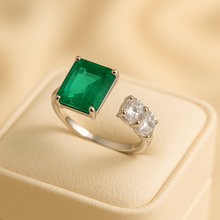 Emerald and white quartz boho adjustable silver ring on creamy jewelry box