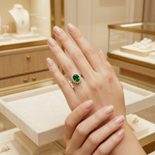 Timeless Halo Emerald Ring – Handmade Gold-Plated Sterling Silver with Nano Emerald & White Quartz | Boho Luxe Statement Jewelry by Curación Holística