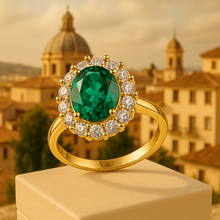 Gold boho ring with nano emerald and natural quartz stones