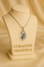 	Crystal healing necklace with calming aqua and deep blue tones