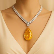 	“Luxury handmade citrine necklace with white quartz on a model