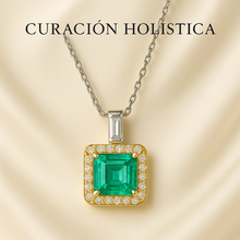 “Luxury emerald pendant handcrafted with white quartz halo detailing, designed exclusively by Curación Holística.”