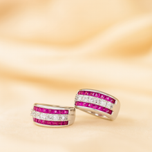 Sterling silver hoop earrings with ruby red and white quartz stones – front view”