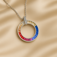 	“Sterling silver circle pendant with rainbow gemstones, statement boho style jewelry”
