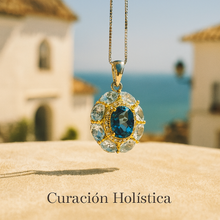 Elegant pendant necklace with calming aquamarine and white accents posing in Nerja Spain 