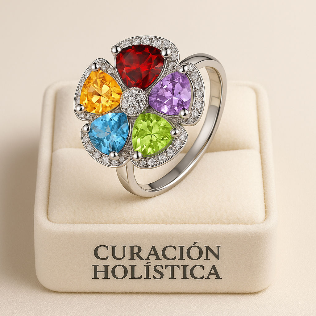 Colorful gemstone ring in luxury cream velvet background