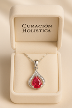 Gift-ready packaging of Curación Holística ruby and quartz pendant necklace for special occasions.”