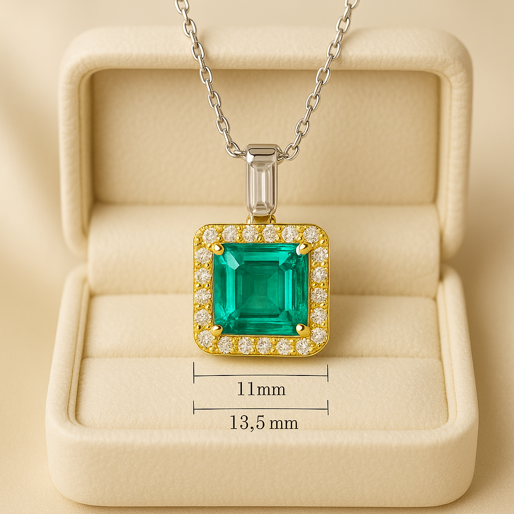 “Close-up of artisan emerald pendant with white quartz accents and luxury gold overlay by Curación Holística.”