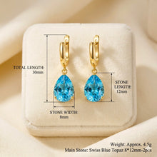 Elegantes pendientes de lágrima de topacio azul suizo hechos a mano | Plata de ley chapada en oro de 18 quilates | Pequeños pendientes colgantes de oro tipo huggie