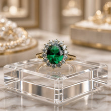Timeless Halo Emerald Ring – Handmade Gold-Plated Sterling Silver with Nano Emerald & White Quartz | Boho Luxe Statement Jewelry by Curación Holística