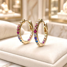 Pendientes de aro con gemas arcoíris hechos a mano | Plata de ley, chapado en oro de 18k, sin níquel | Artesanía española, serie limitada