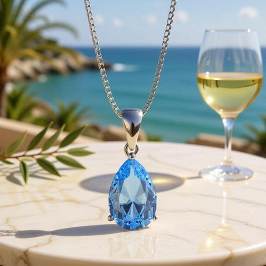 Aquamarine Sterling Silver Teardrop Necklace | Boho Statement Jewelry | Healing Crystal Pendant | Exclusive Modern Elegance | Free Shipping