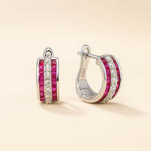 “Small hoop earrings with ruby hues and white crystals, perfect gift for her