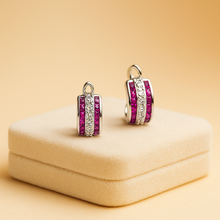“Small hoop earrings with ruby hues and white crystals, perfect gift for her
