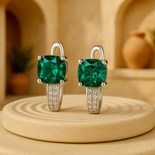 Handmade cushion-cut nano-emerald sterling silver earrings with pavé accents
