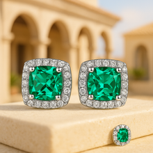 Oval and square-shaped nano emerald earrings side-by-side