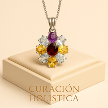 Amethyst gem detail reflecting soft light on display with Curación Holistica at the bottom 