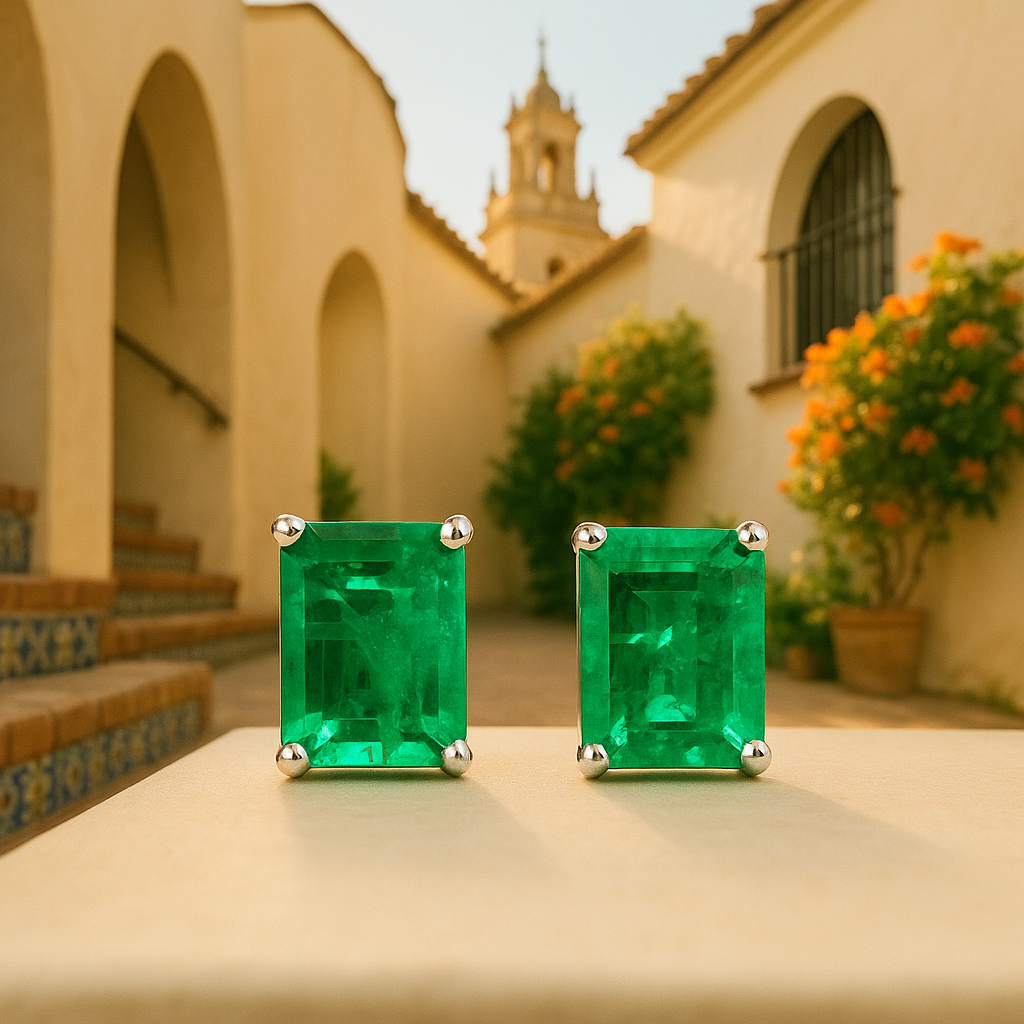 Sterling silver boho emerald earrings – frontal view showing clarity and cut