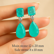 Statement earrings with 12×20mm pear-cut Paraiba stones and 8×10mm quartz