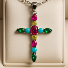 Handmade Multi-Gemstone Cross Necklace | Sterling Silver Statement Jewelry | Exclusive by Curación Holística - Curacíon Holística