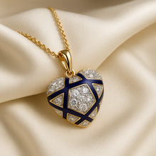 Handmade white quartz heart necklace with blue enamel and gold vermeil.