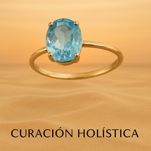 Side profile of aquamarine ring showing gold band and prong setting