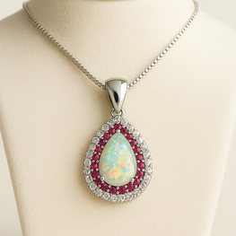 “Elegant sterling silver opal and ruby halo necklace handmade by Curación Holística, featuring a luminous teardrop fire opal.”