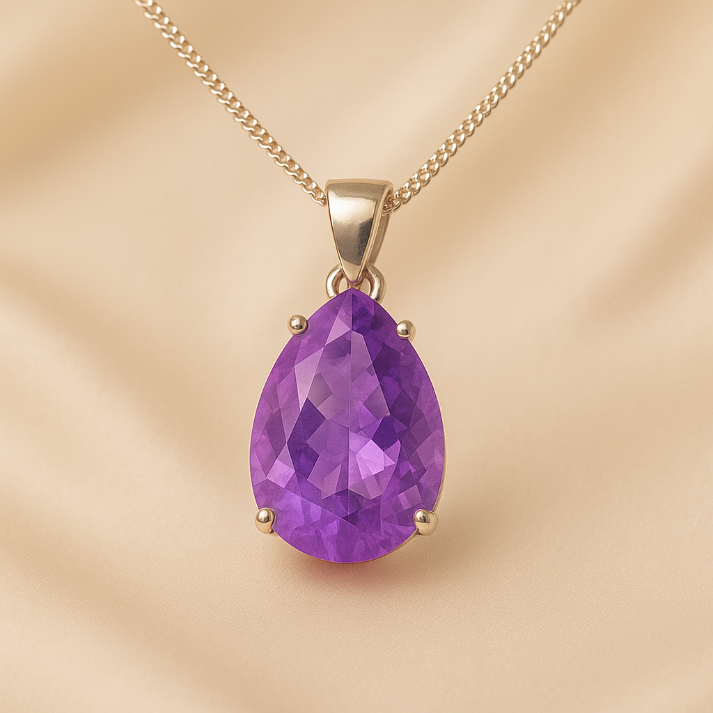 Close-up of purple amethyst stones in matching pendant and earrings
