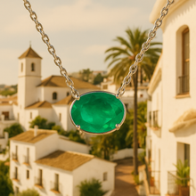 Artistic flat lay with the necklace and natural healing elements (e.g., leaves, crystals)