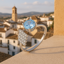 “Artisan Jewelry: Aquamarine and White Quartz Adjustable Open Ring for Women”