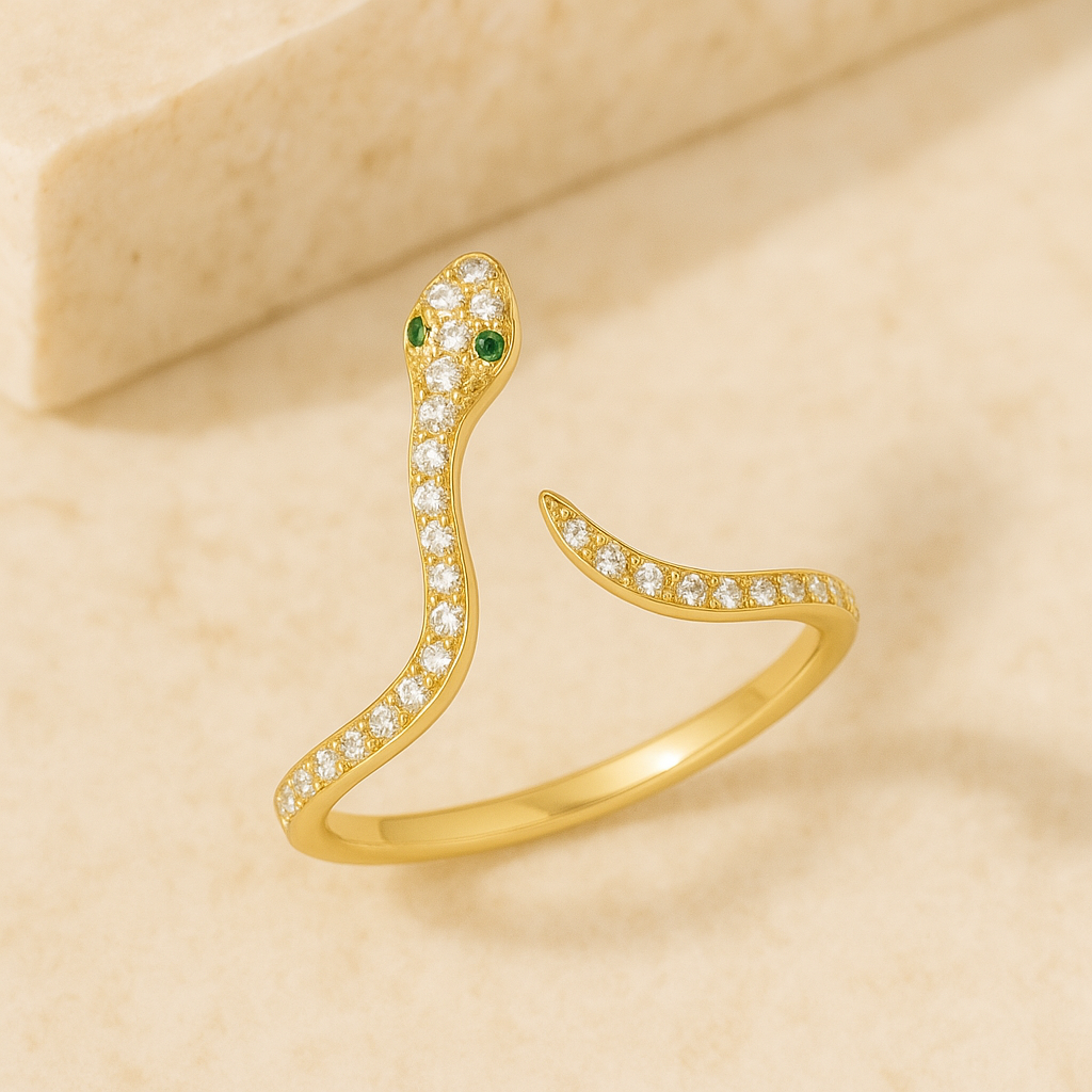 Gold-plated snake style ring with nano emeralds and white quartz stones